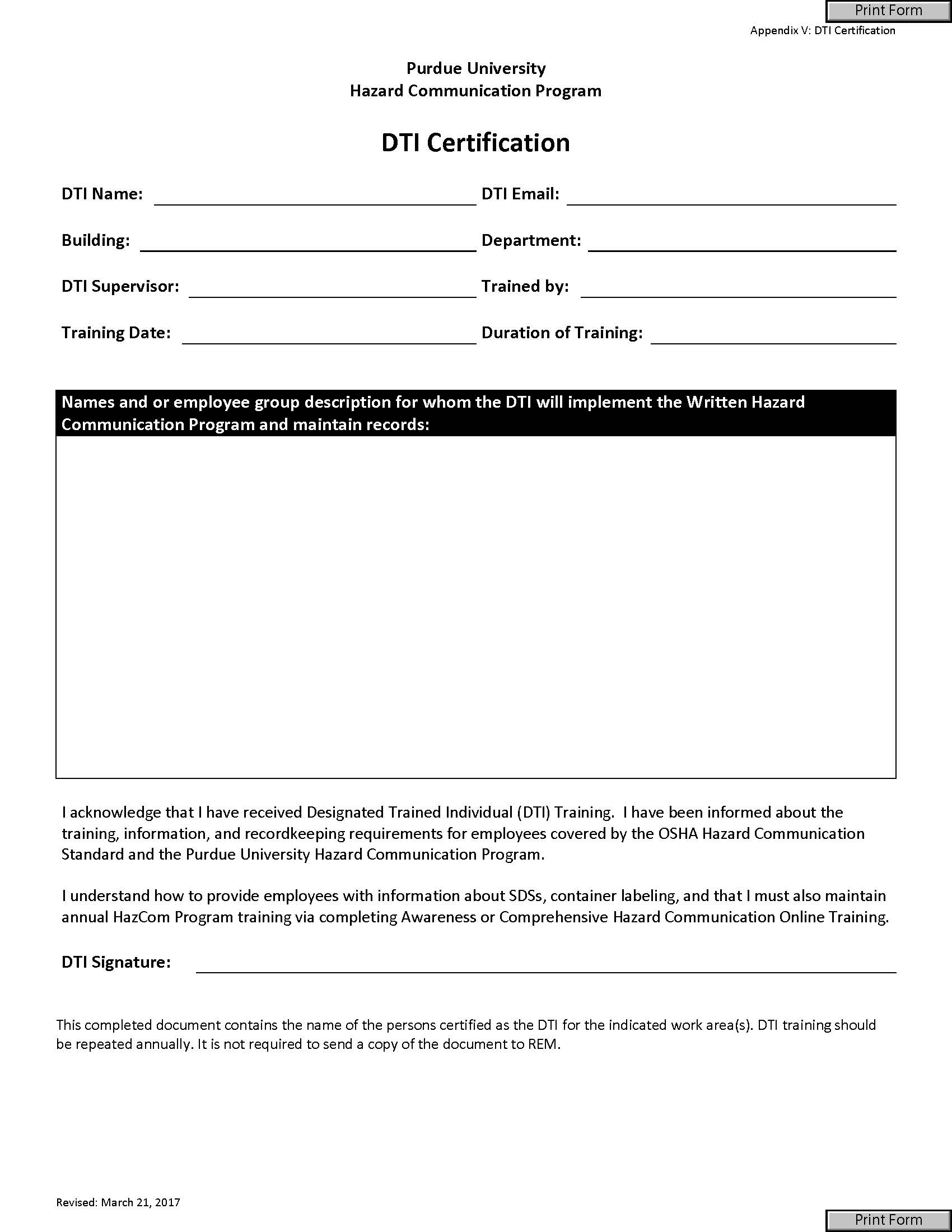 image of DTI certification form